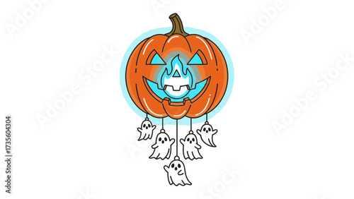 Halloween Dreamcatcher: A whimsical Halloween-themed dreamcatcher, featuring a jack-o'-lantern and ghostly apparitions. Capturing the essence of playful spookiness and creative design.