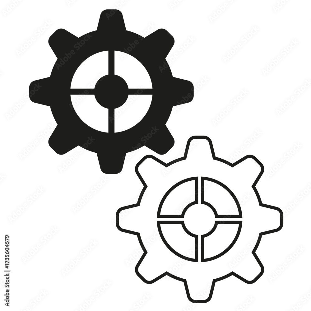 Obraz premium Two gear cogs. Connected mechanism symbol. Simple Vector process. Black white setting.