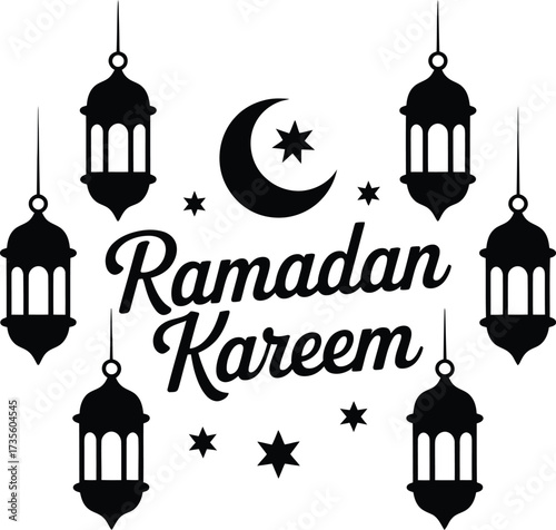 Ramadan kareem with crescent moon and lanterns silhouette