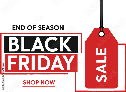 Black friday sale promotion with red tag and shop now text on dark background