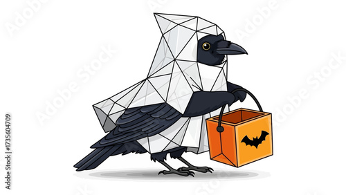 Halloween Raven's Delight: An artistic rendition of a raven, donned in a spectral costume, clutches a Halloween treat bag, set against a pristine backdrop. Capturing the playful spirit of the season.