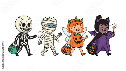 Halloween Parade of Youngsters: A charming parade of children, each adorned in delightful costumes, joyfully walking through a crisp autumn night, a visual treat for the spirit of All Hallows' Eve.