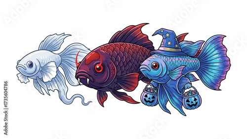 Halloween Fantasy Fish Trio: Three whimsically designed cartoon fish each represent different facets of Halloween. A spectral, a demonic fish and a festive magical fish, together.