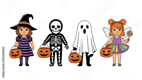 Halloween Costume Delight: Four kids, dressed as a witch, skeleton, ghost, and fairy, proudly display their jack-o'-lanterns, perfect for seasonal themes or kid-related projects.