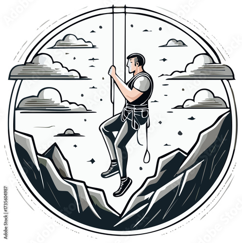 Man Rappelling Down Mountain Face Amidst Clouds Adventure Icon