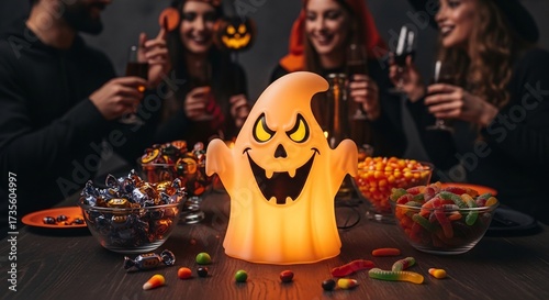 Halloween party scene glowing ghost figure on table candy bowls blurred people drinking