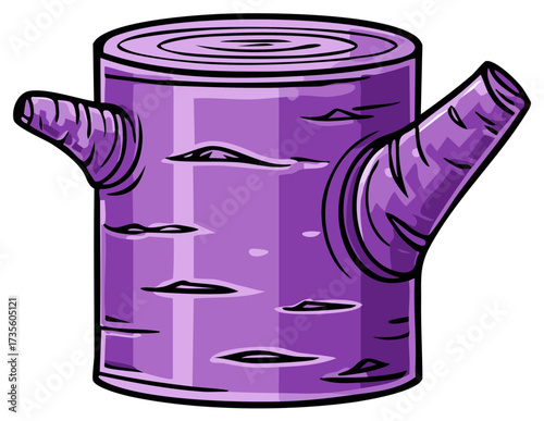 Stylized purple tree log cartoon, wood cross section with two branches coming out of it