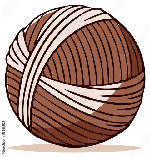 Brown Yarn Ball Illustration with Cream Stripes and Shadow