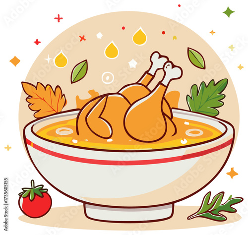 Chicken legs in broth illustration, bowl of stew with vegetables