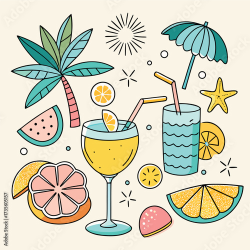 Colorful doodle illustration of tropical drinks, citrus fruits, palm leaves, and summer vibes
