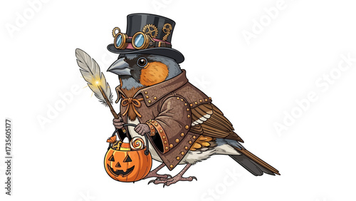 Steampunk Bird: A whimsically illustrated bird, dressed in elaborate steampunk attire, holding a pumpkin.
