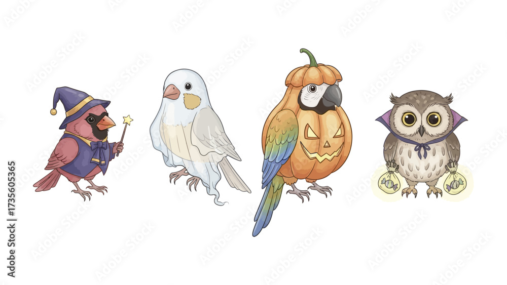 Obraz premium Halloween Birds: A collection of adorable, digitally illustrated birds are dressed in imaginative costumes and ready for Halloween!