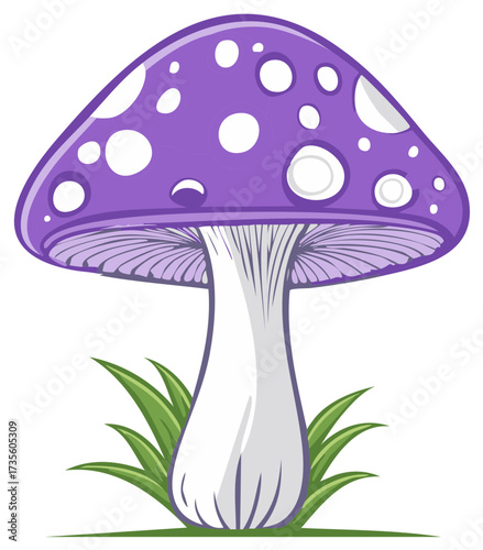 Vibrant purple spotted mushroom with green grass illustration