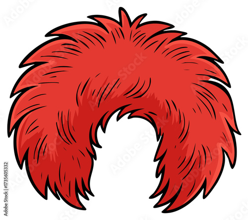 Vibrant Red Fluffy Wig with Black Outline Illustration for Costume Party Fun