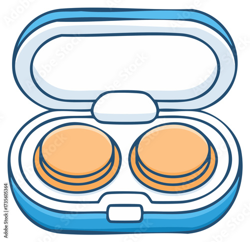 Blue open contact lens case with orange lenses inside for eye care hygiene