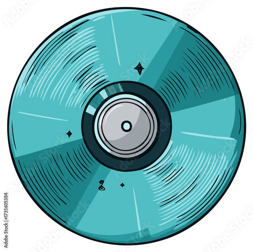 Turquoise Vinyl Record with Grooves and Musical Notes Artistic Illustration