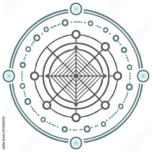 Abstract graphic design in teal and gray colors featuring radial symmetry and geometric elements.