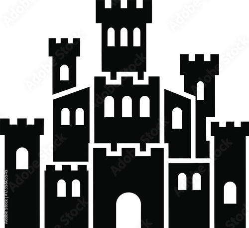 Black silhouette of a grand medieval castle with multiple towers