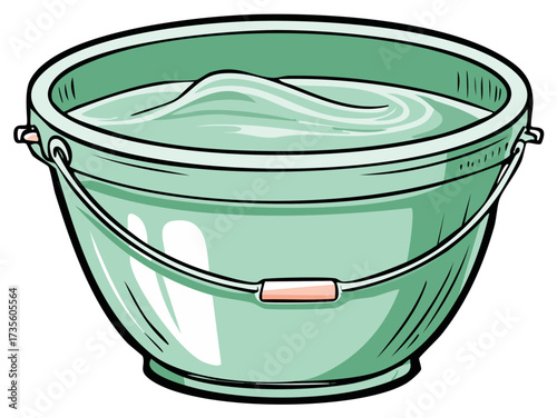 Green bucket filled with clear water and wavy surface on white background