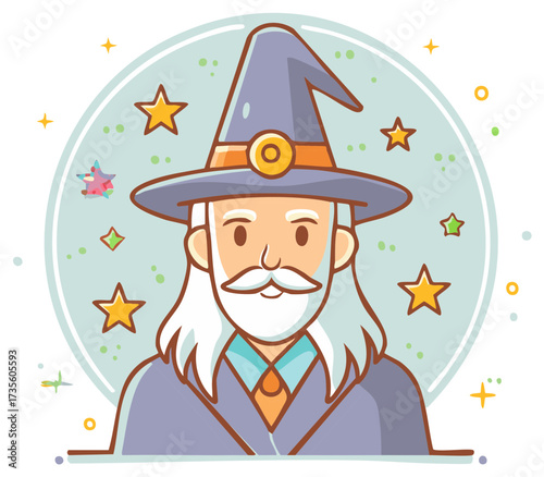 Friendly wizard character illustration with a long white beard and magical star background