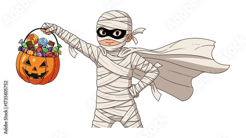 Halloween Mummy with Pumpkin Basket: A cheerful mummy holds aloft a brimming pumpkin basket on a Halloween night. A whimsical illustration to celebrate the spooky season.