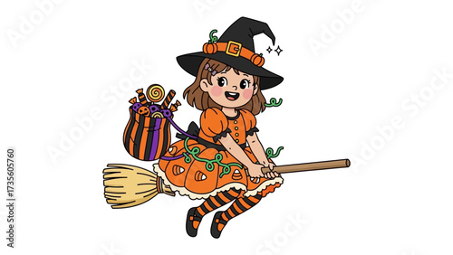 Spirited Witch on Broom: A charming witch, brimming with delight, soars through the sky on a broomstick, ready to embrace the festive Halloween season, offering a heartwarming touch of magic.