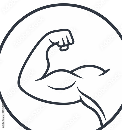 Muscular arm flexing biceps inside circle vector emblem.