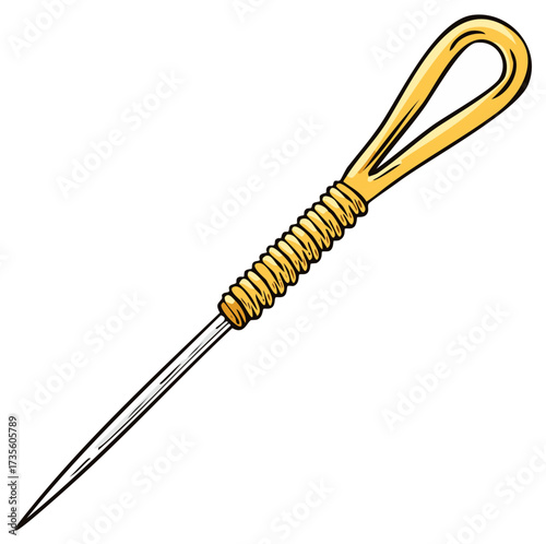 Cartoon illustration of a sewing awl with a yellow handle for crafting.