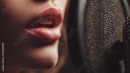 Close-up of lips and microphone grille during studio recording recording
