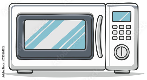 Simple cartoon illustration of a white microwave oven kitchen appliance with a digital keypad and dial