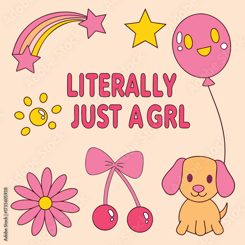 Vector art of cute and colorful illustration with a pink balloon, a puppy, a flower, cherries, a rainbow, and stars with text that says literally just a grl