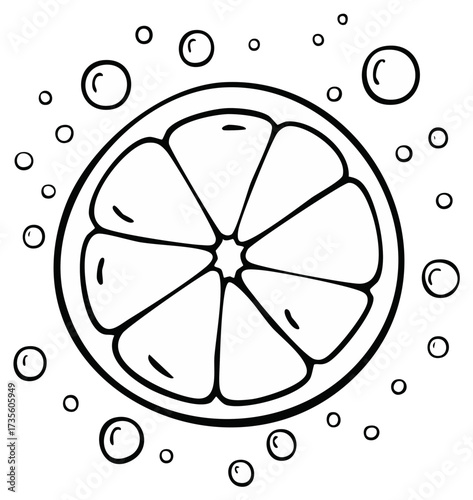 Hand drawn cartoon orange slice with carbonated bubbles line art illustration