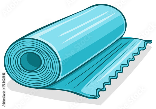 A rolled up blue yoga mat unrolling to reveal its texture and shape