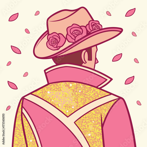 Vector art of man wearing a pink cowboy hat adorned with roses and a sparkly jacket, seen from behind, with pink petals falling
