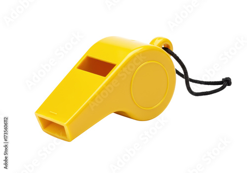 Yellow plastic whistle isolated on transparent background, sports equipment for referees and coaches