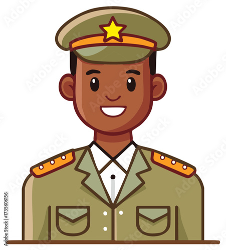 Cartoon Black Man in Military Uniform with Star on Cap Smiling