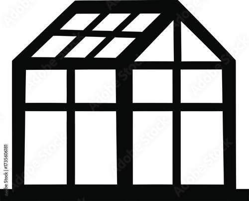 Simple black and white icon of a greenhouse structure