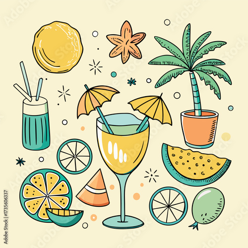 Colorful doodle illustration of tropical drinks, citrus fruits, palm leaves, and summer vibes