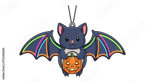 Whimsical Halloween Bat with Pumpkin: A cute, cartoonish bat holding a glowing jack-o'-lantern, exuding Halloween spirit. The illustration combines charm with vibrant festive colours.