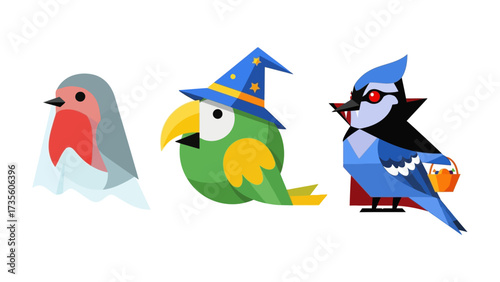 Fantasy Birds: Three whimsically designed birds, each adorned with a unique fantastical theme, captured in vibrant and cartoon-like illustration.