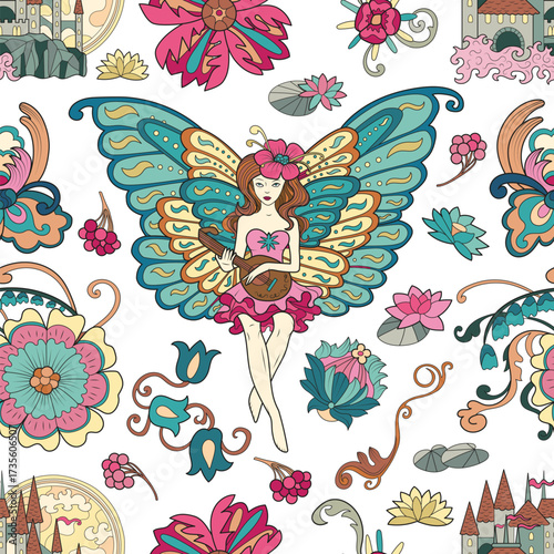 Colorful seamless pattern with fairy girl and fantasy elements on white background for fabric, wallpaper, scrapbooking. Cartoon vector illustration