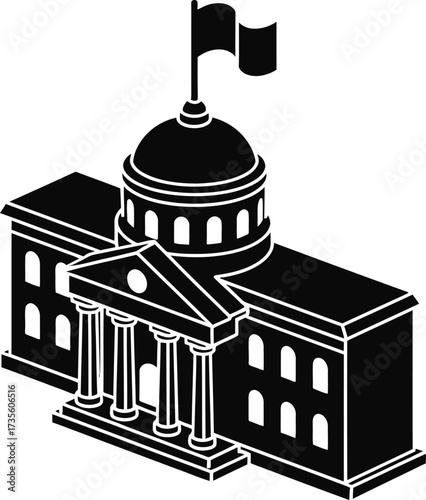 Isometric illustration of a classical government building with a flag