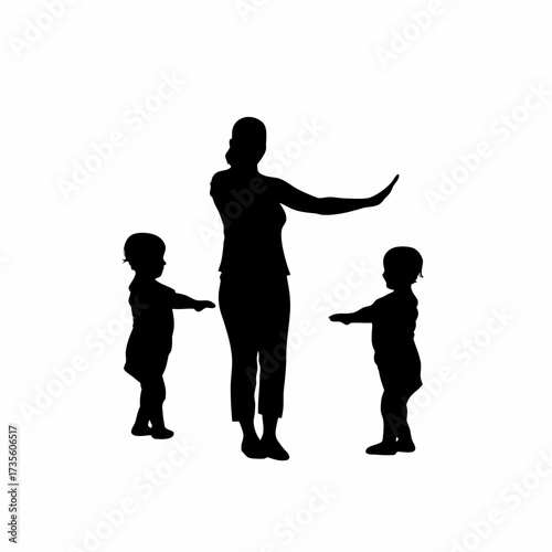 Silhouette of caregiver teaching yoga to toddlers isolated on white background