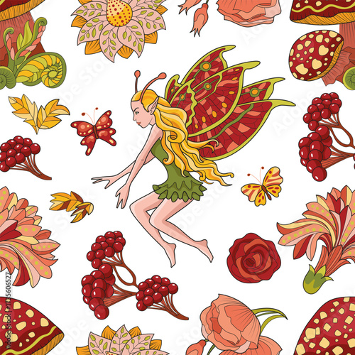 Colorful seamless pattern with beautiful elf, mushrooms and fantasy elements on white background for fabric, wallpaper, scrapbooking. Cartoon vector illustration
