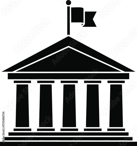 Black silhouette of a classical building with columns and a flag