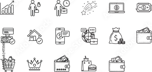 Collection of hand-drawn financial and business icons symbolizing growth investment and wealth