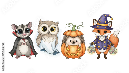 Festive Fauna: A charming collection of adorable animals, creatively costumed for the Halloween holiday, evoking a sense of whimsical fun and seasonal spirit.