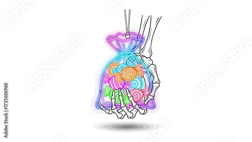 Candy bag:A vibrant candy bag clutched by a skeletal hand. Bursting with colorful treats, this piece embodies the joyful spirit of Halloween.