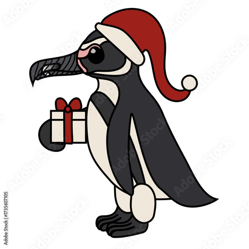 An extinct species of a banded penguin, Spheniscus Urbinai, dressed in a Christmas hat and holding a wrapped present with a ribbon bow. Vector drawing. 