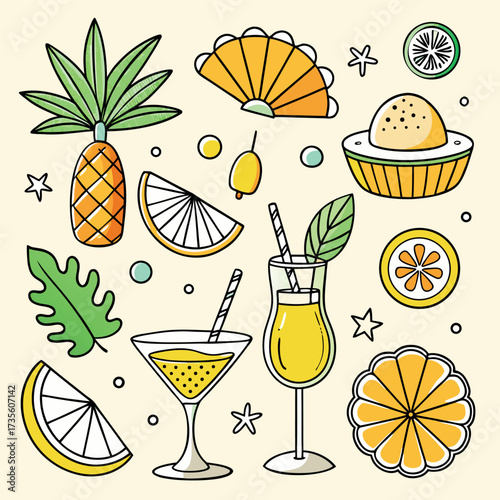 Colorful doodle illustration of tropical drinks, citrus fruits, palm leaves, and summer vibes
